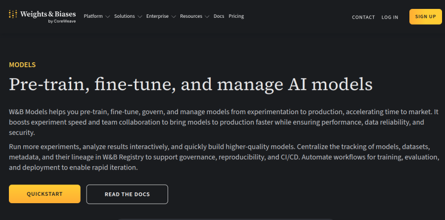 W&B Models product page showing experiment tracking and registry capabilities
