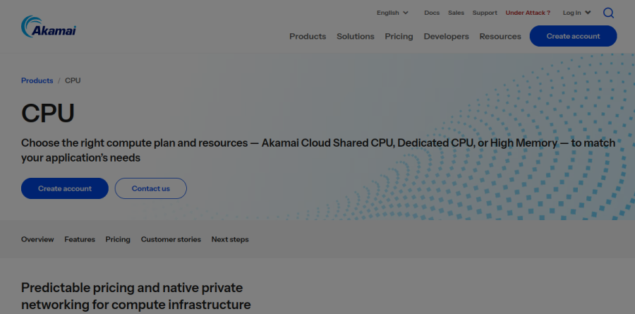 Akamai Cloud compute product page showing the Shared CPU, Dedicated CPU, and High Memory plan families