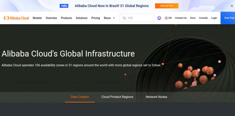 Alibaba Cloud global locations page listing regions and availability zones