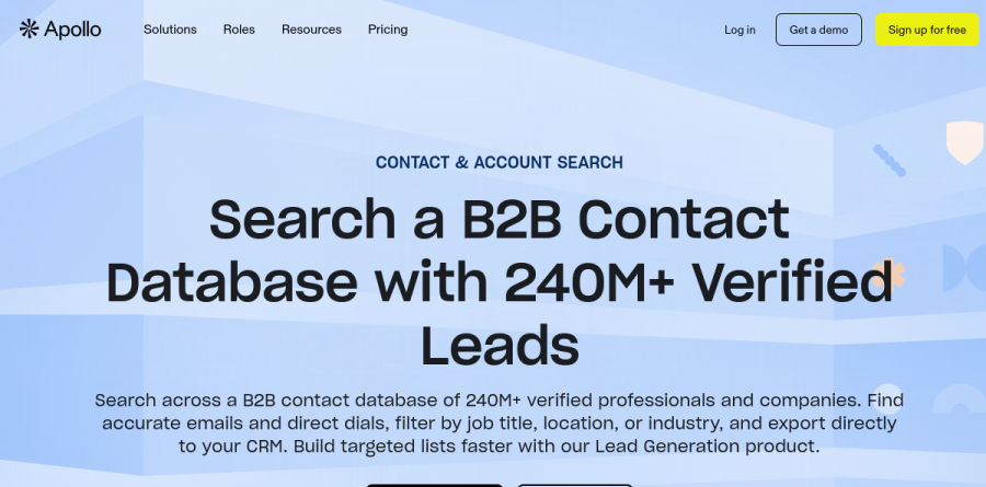 Apollo.io contact and account search product page showing its B2B database filters