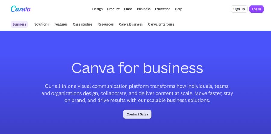 The Canva for business page outlining Canva Grow, brand management, Flourish and enterprise security controls