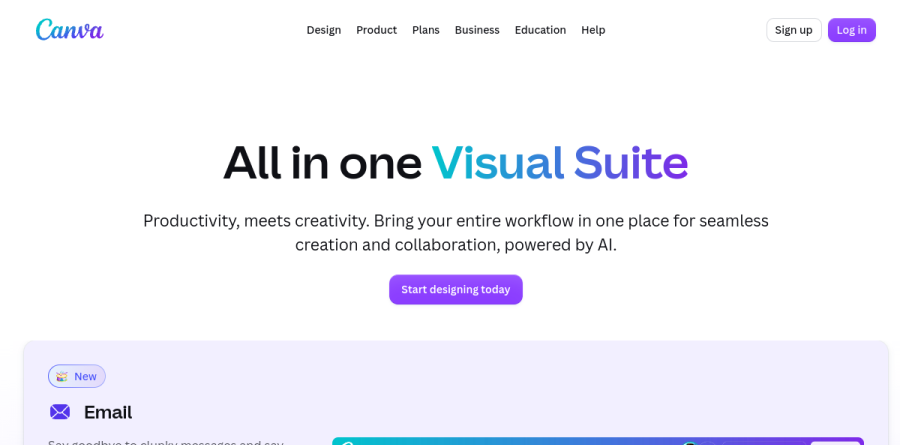 The Canva Visual Suite page showing Email, Sheets, Docs, Whiteboards, Presentations, Video, Print and Websites in one workflow
