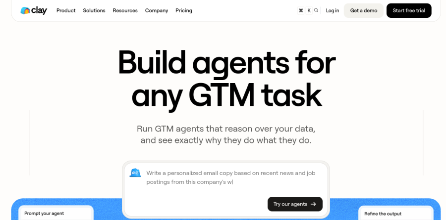 Clay Claygent product page describing AI research agents that write structured output into table columns