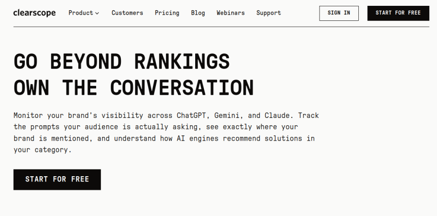 The Clearscope Expand product page showing AI citation tracking and share of voice benchmarking