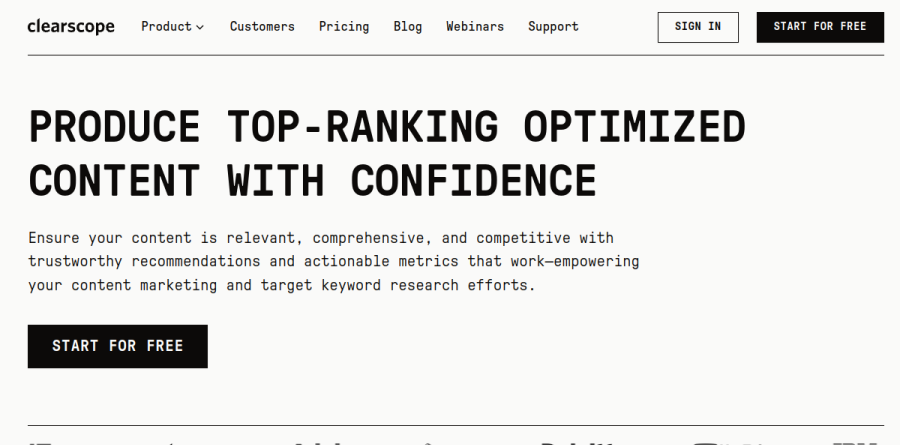 The Clearscope Optimize product page showing real-time content grading and writing tool integrations