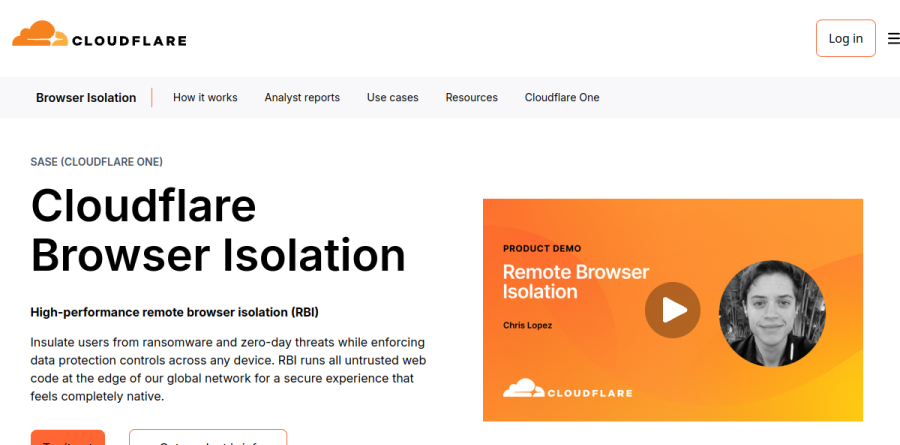 Cloudflare Remote Browser Isolation product page showing edge-executed browsing controls