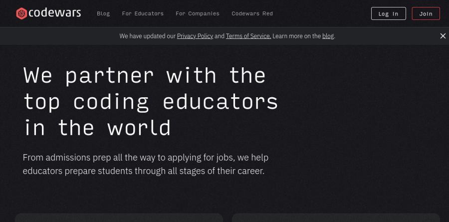 The Codewars education partnerships page outlining admissions prep, student engagement, and assessment options