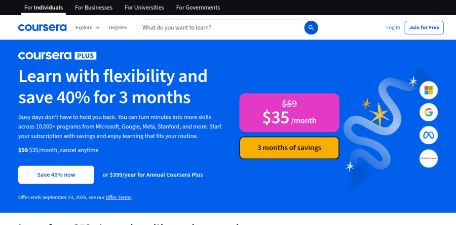 Coursera Plus page comparing Individual Courses, Coursera Plus, and Coursera for Teams plans