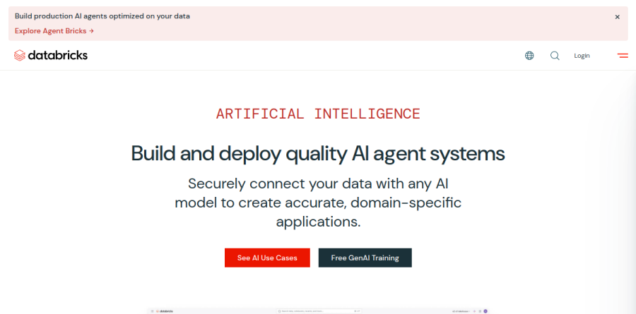 The Databricks artificial intelligence product page listing Agent Bricks, AI Search, Model Serving and Unity AI Gateway