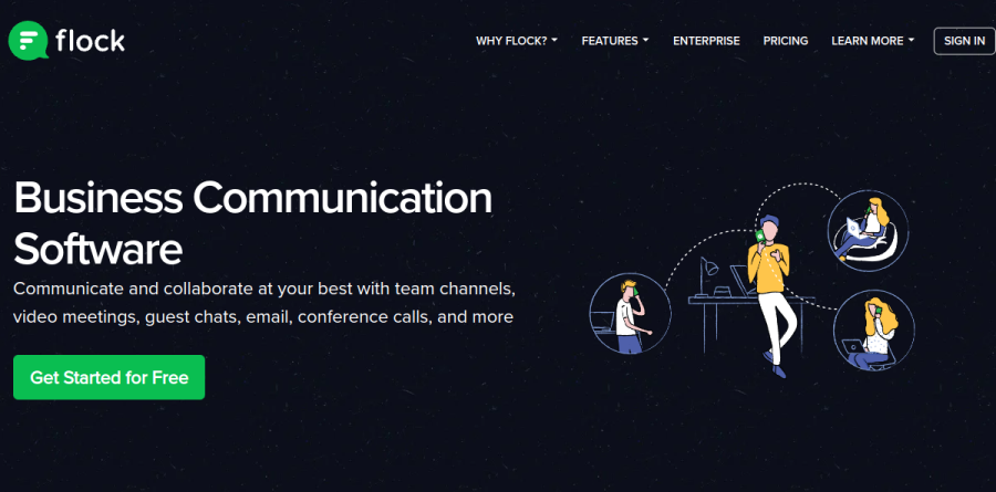 Flock business communication features page showing channel messaging, video conferencing, and guest users