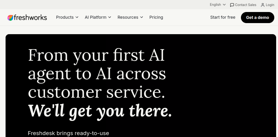 Freshdesk product page from Freshworks showing its AI-led customer service positioning