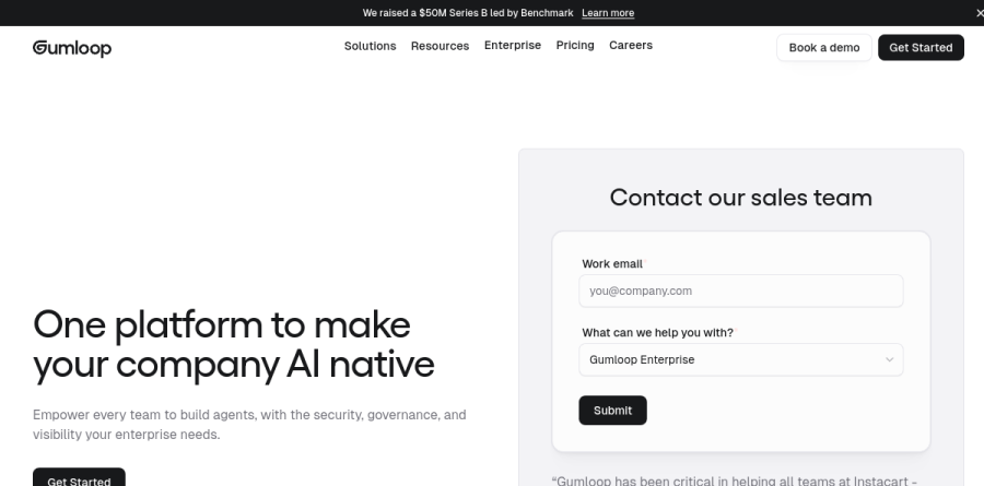 Gumloop Enterprise page outlining governance, security and deployment controls