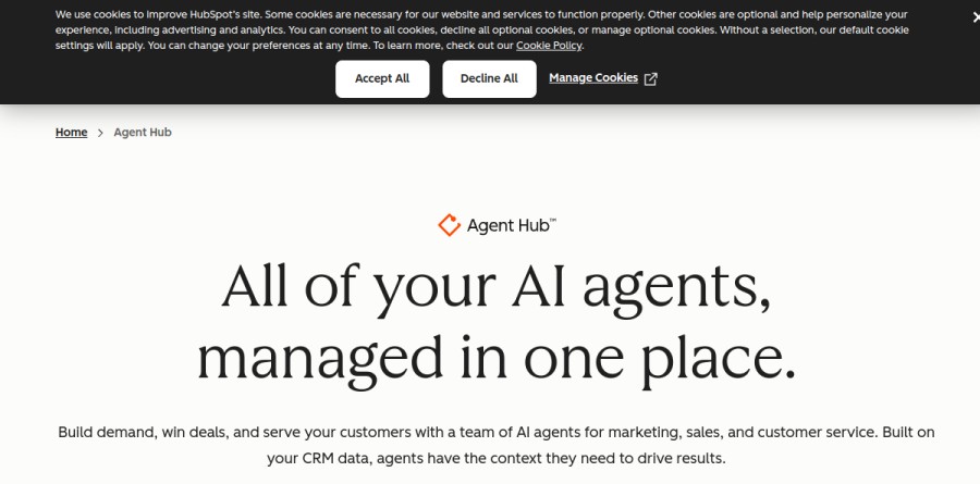 HubSpot Breeze AI agents overview page showing Customer Agent, Prospecting Agent, and Data Agent