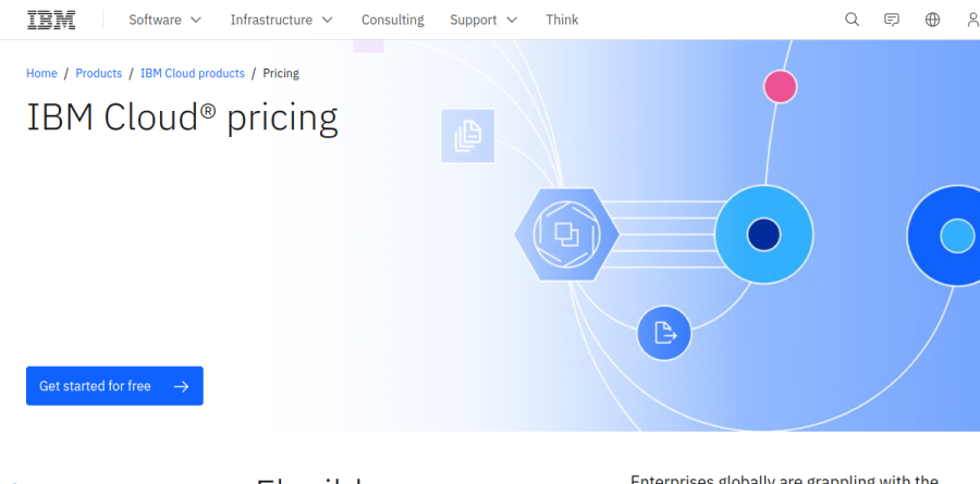 The IBM Cloud pricing page showing its commercial plans and savings programs