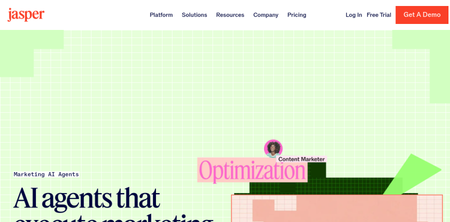 Jasper agents page showing the agent library organized by marketing workflow stage