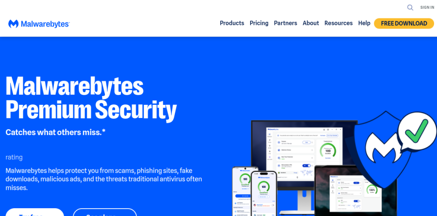 Malwarebytes Premium Security product page showing real-time protection features