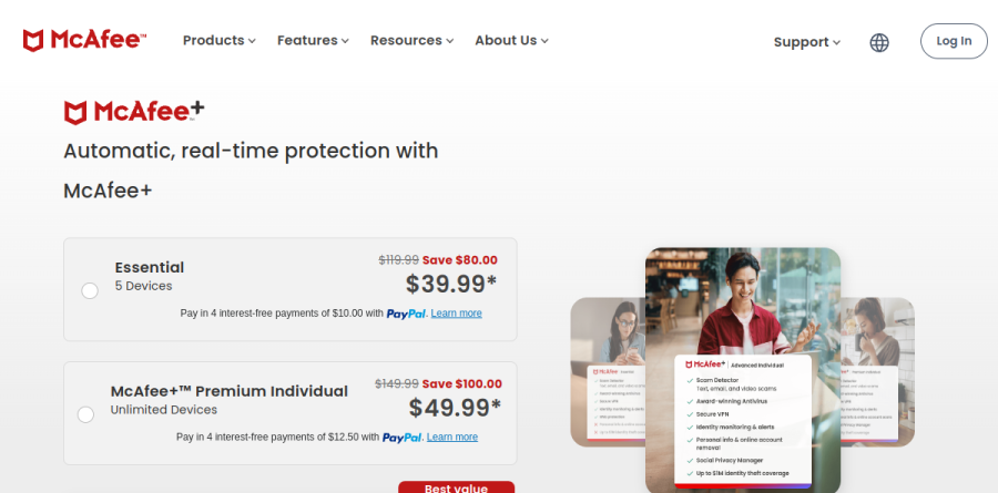 McAfee Total Protection plan selection page listing Essential, Premium, and Advanced tiers