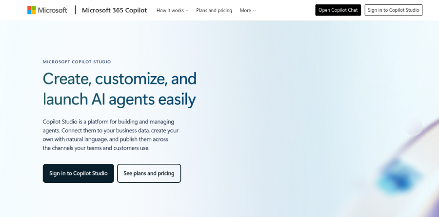 Microsoft Copilot Studio product page showing agent creation, customization, and deployment features
