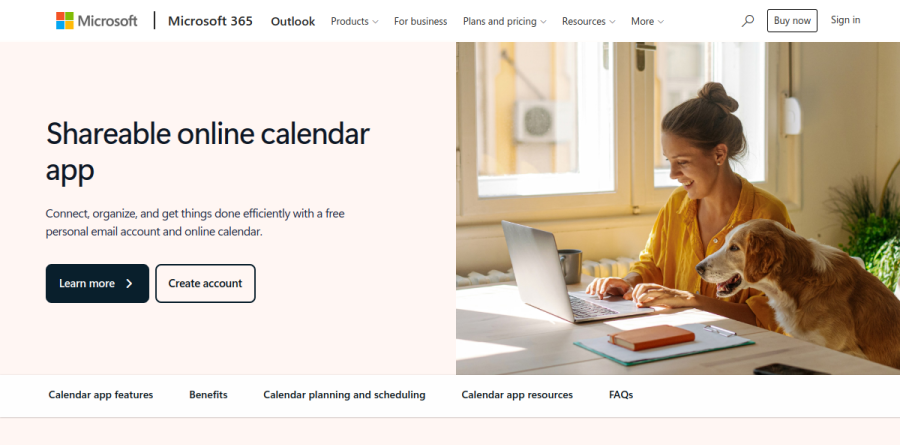 The Microsoft Outlook shareable online calendar app product page