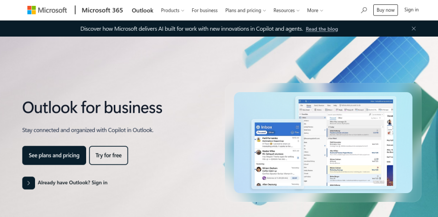 The Outlook for business overview page on microsoft.com