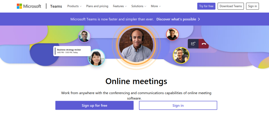 Microsoft Teams online meetings product page showing video conferencing and collaboration features