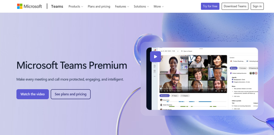 Microsoft Teams Premium page describing intelligent recap, live translation, and meeting protection