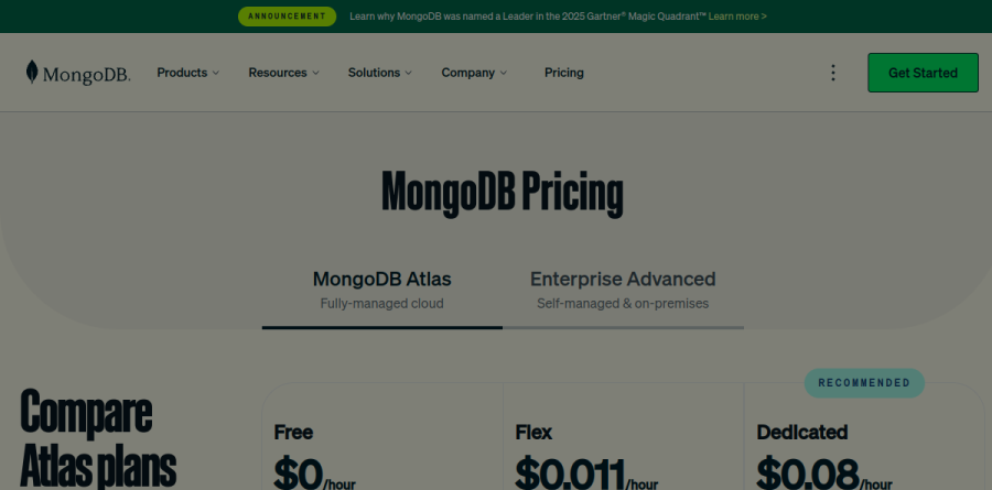 MongoDB pricing page comparing the Free, Flex, and Dedicated Atlas plans