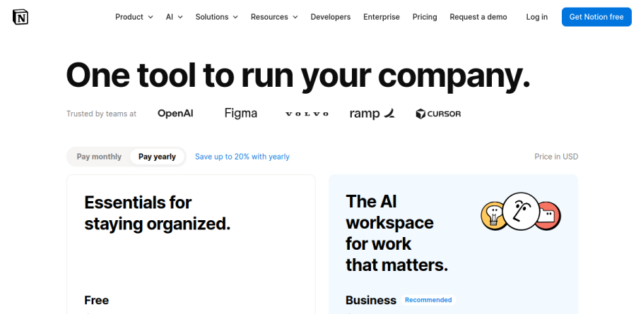 Notion pricing page comparing Free, Plus, Business, and Enterprise plans