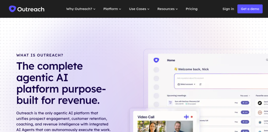 Outreach platform page showing forecasting, pipeline management and conversation intelligence modules