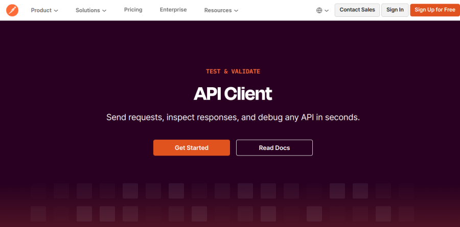 Postman API Client product page showing multi-protocol request support