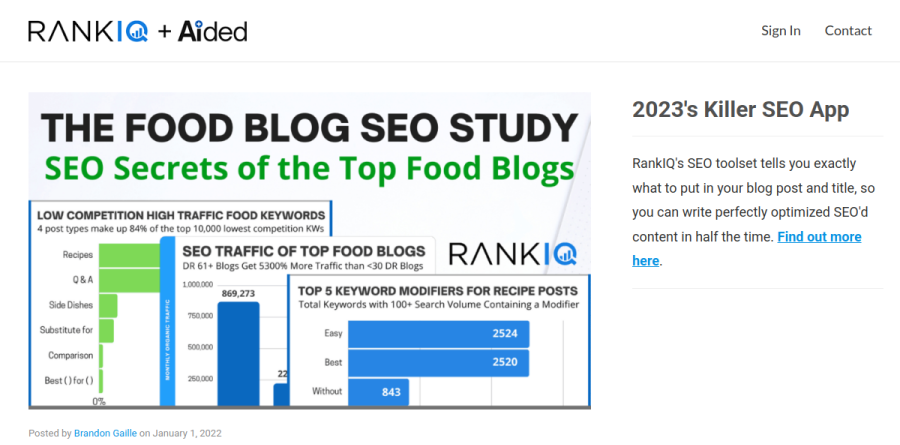 The RankIQ Food Blog SEO Study, one of the public research pages the company publishes