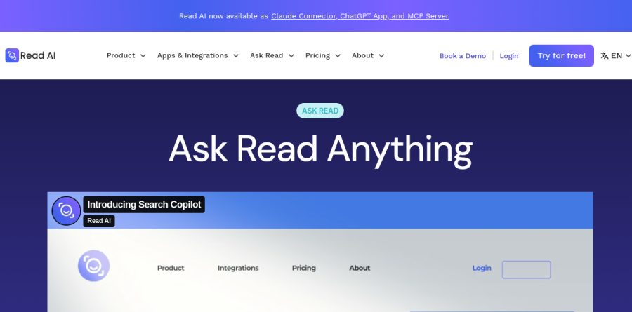 The Ask Read product page describing AI search across meetings, email, chat, and documents.