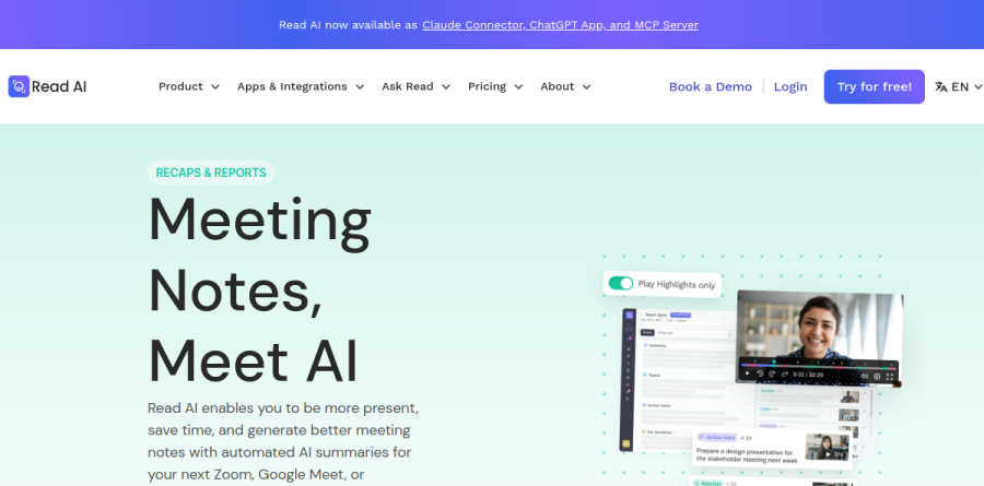 The Read.ai Meeting Reports page showing summaries, action items, playback, and coaching sections.