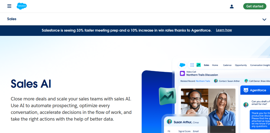 Salesforce Sales AI product page showing prospecting, conversation intelligence, and Agentforce Sales capabilities