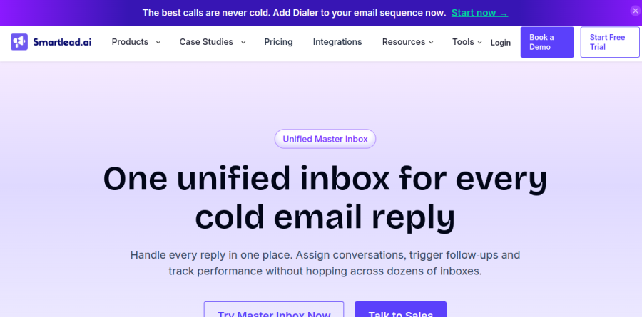 Smartlead unified inbox page showing reply tagging, filters and team assignment