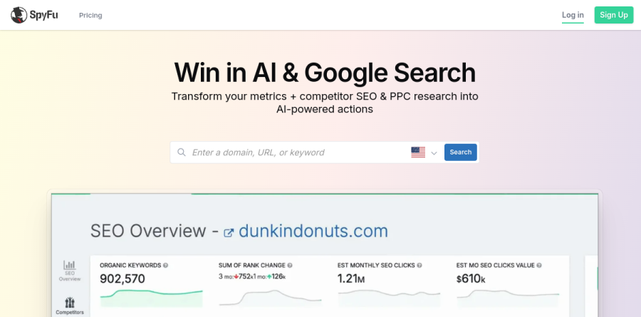 SpyFu homepage showing its competitor SEO and PPC research tools