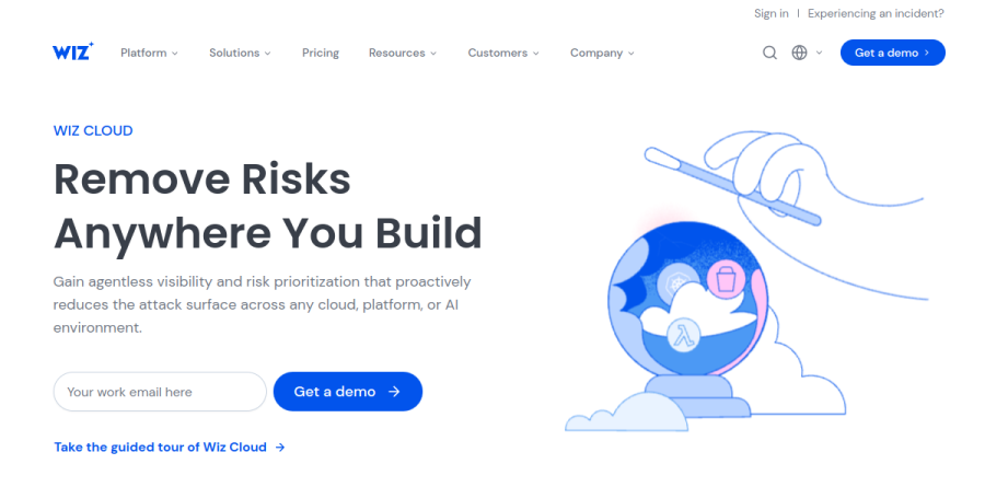 The Wiz Cloud product page listing CSPM, CIEM, DSPM, AI-SPM, and container security capabilities