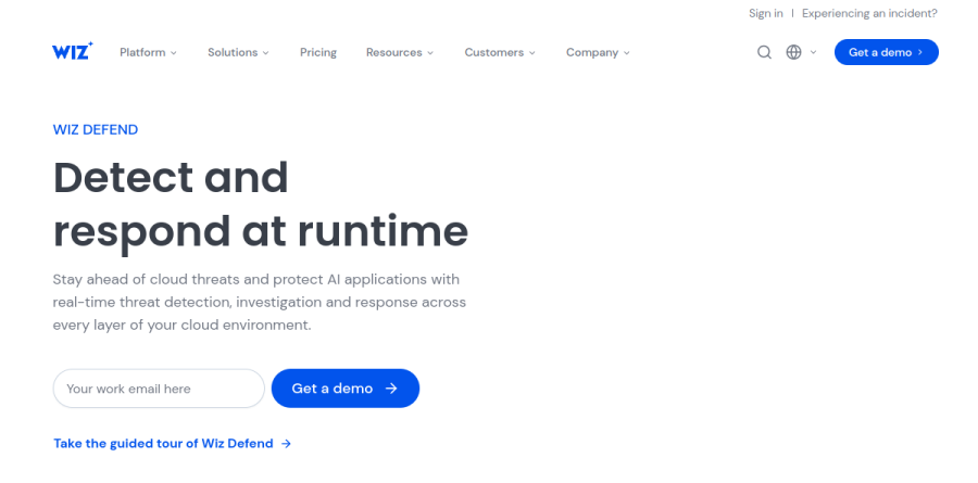 The Wiz Defend product page describing runtime threat detection, forensics, and response automation