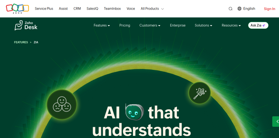 The Zia feature page on Zoho Desk, showing agent-facing AI capabilities