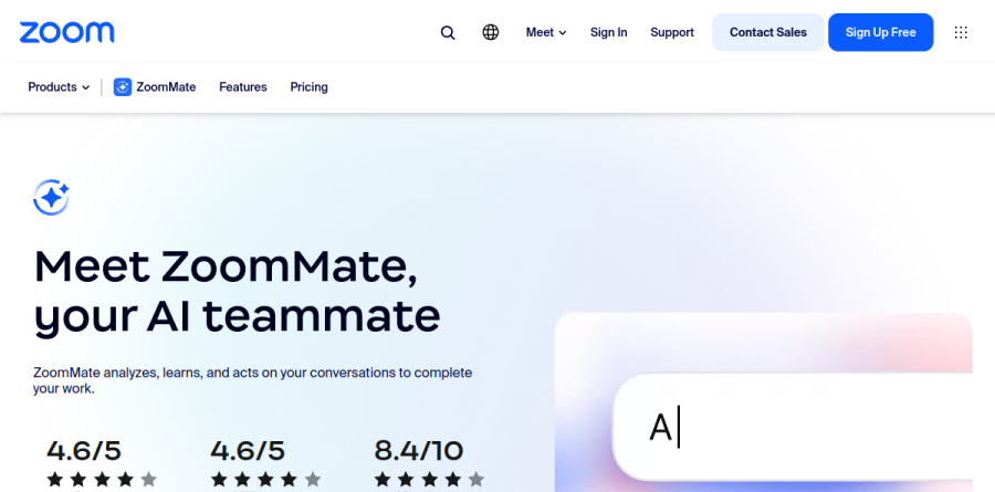 ZoomMate product page describing agentic AI capabilities