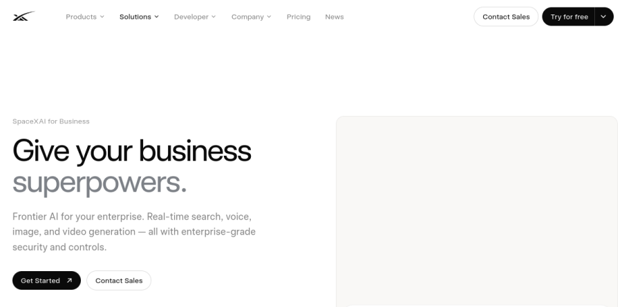 The Grok for Business page on x.ai showing Connectors, enterprise vault, and voice agent capabilities