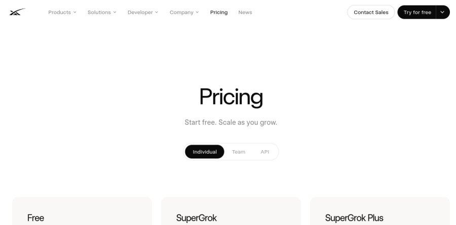 The Grok pricing page on x.ai comparing individual, team, and enterprise plans