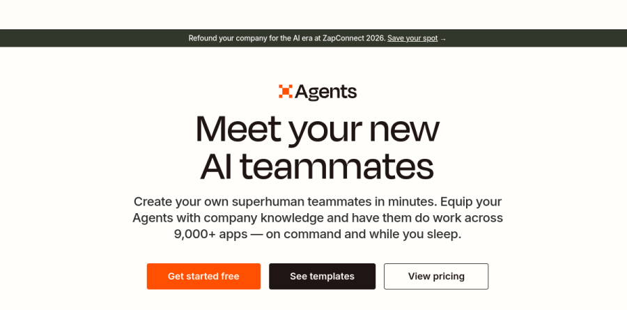 Zapier Agents product page showing AI agents that act across connected apps