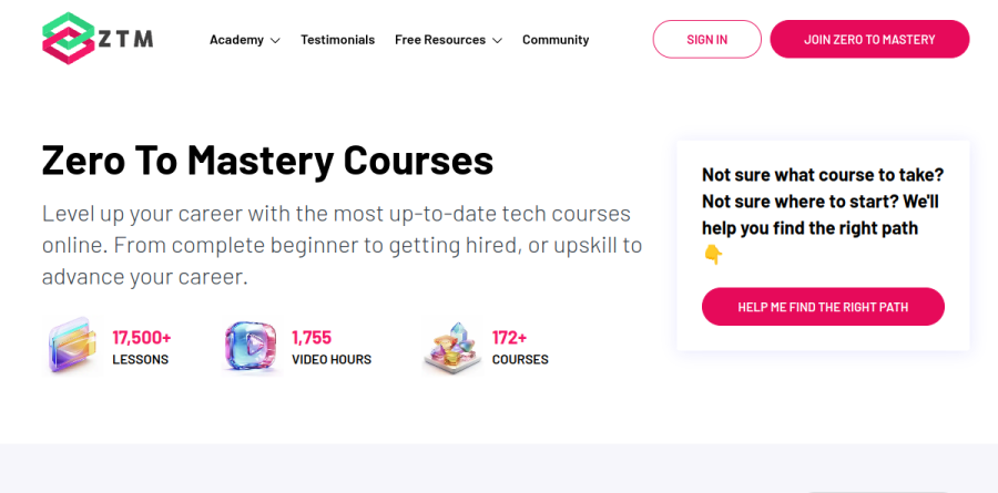 Zero To Mastery courses page showing category filters and bootcamp listings