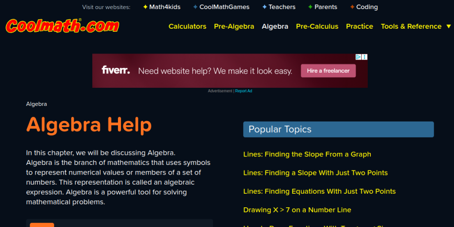Screenshot of Coolmath.com Algebra