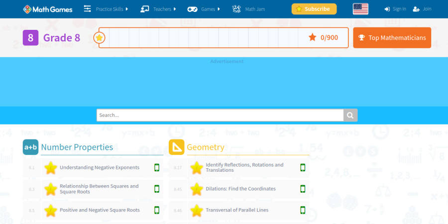 Screenshot of MathGames.com Grade 8 hub