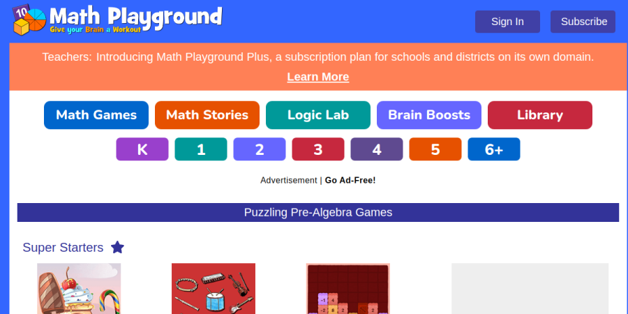 Screenshot of Math Playground Pre-Algebra hub