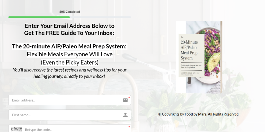 Screenshot of Food By Mars lead magnet landing page for Meal Planning Guide