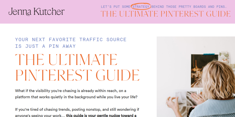 Screenshot of Jenna Kutcher lead magnet landing page for Ultimate Pinterest Guide