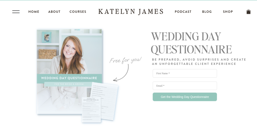 Screenshot of Katelyn James lead magnet landing page for Wedding Day Questionnaire